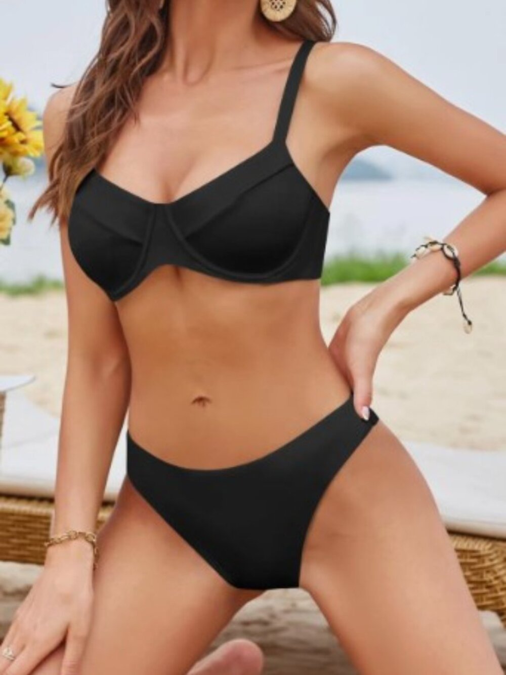 Zaful Ribbed Black Underwire Bikini Set Adjustable Ties and Straps-New! Size Med